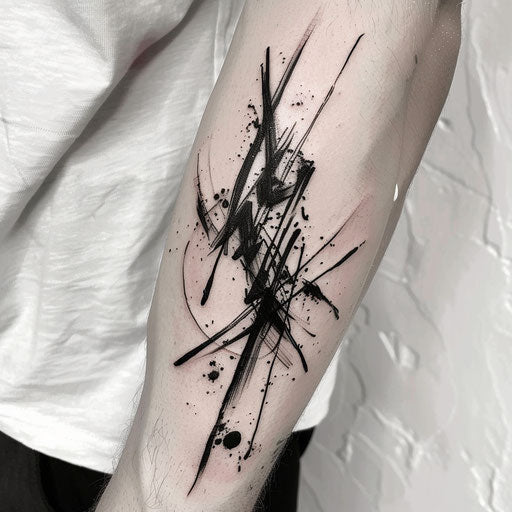 Modern Abstract Art Tattoo, Black Ink Splashes, on a White Background