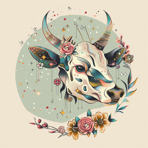 Flat tattoo sketch of the Taurus constellation with pastel colors and floral elements