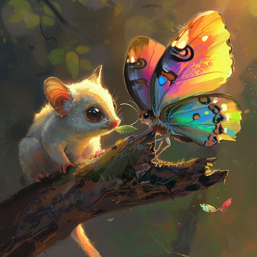 A sugar glider exploring a colorful butterfly on a sunlit branch.