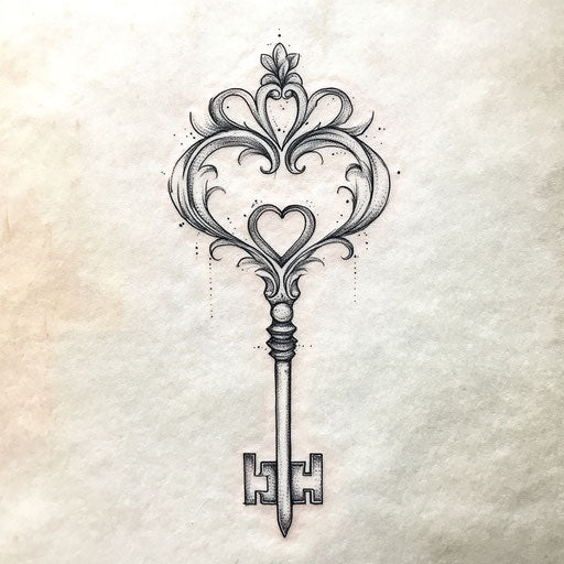 A delicate flat tattoo design with a heart key