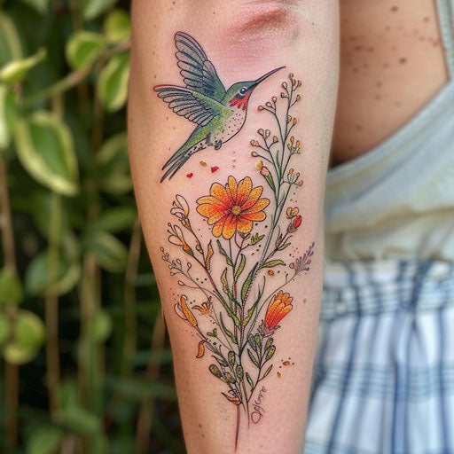 Wildflower tattoo with hummingbird, vibrant colors, dynamic composition