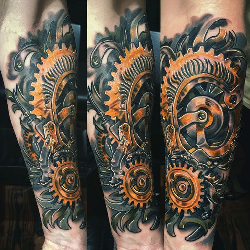 Steampunk gears arm tattoo in the style of Guy Aitchison
