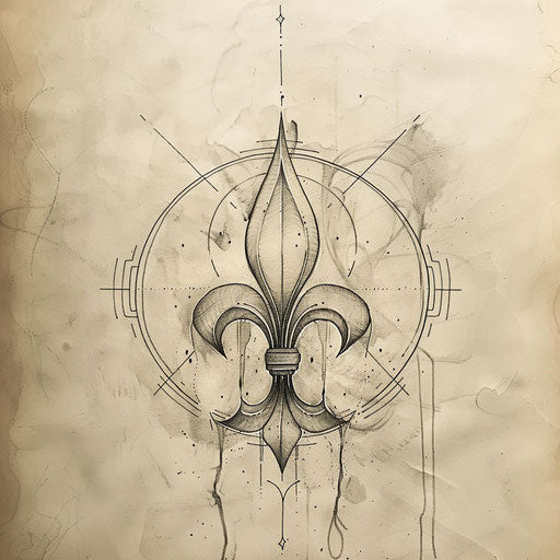 Zen tattoo sketch of a fleur de lis with minimalist zen circle and neutral tones