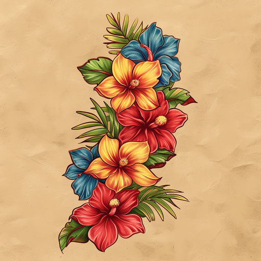 Traditional sketch of Hawaiian flower necklace in primary colors