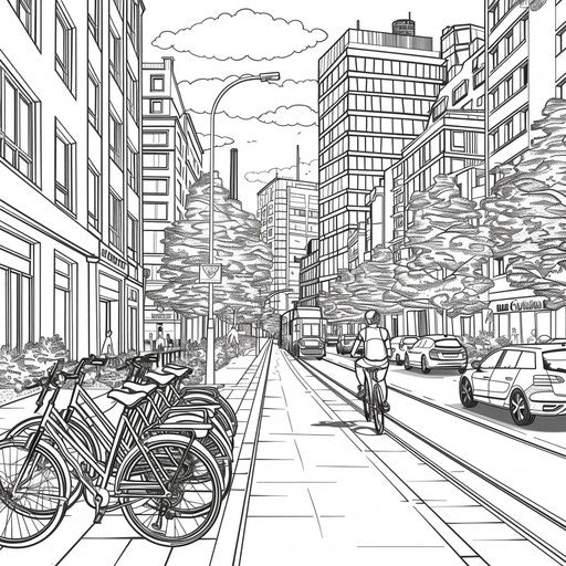 Detailed cityscape with bike lane and cyclists. Coloring page