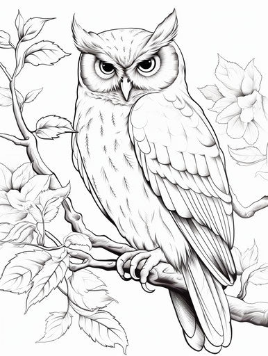 Owl on branch, highly realistic, subtle, sleek