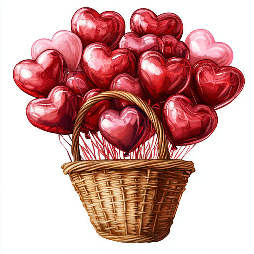 Basket of heart-shaped balloons, clipart style, high-quality details