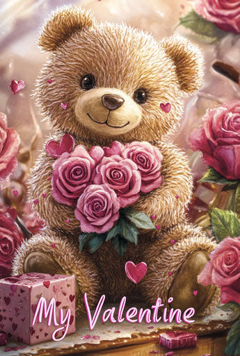 Cute teddy bear with roses and hearts, be my valentine