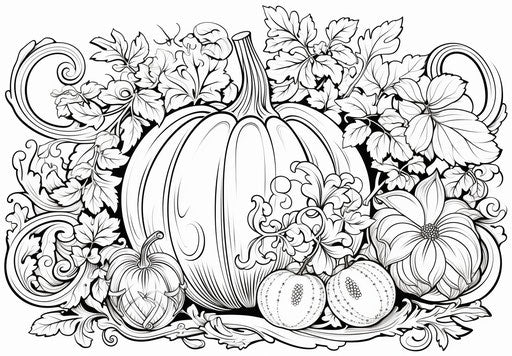 Autumn pumpkin coloring page in black and white
