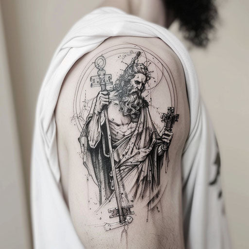 Fine tattoo of Hades holding the keys to the underworld