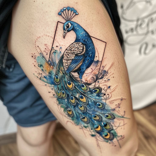 Peacock fusion tattoo blending realism & abstraction on white