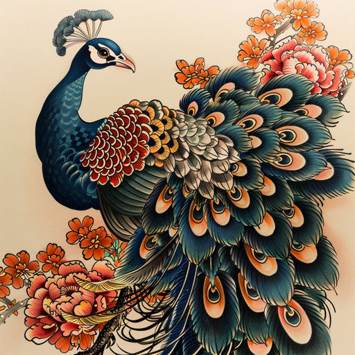 Traditional Japanese style peacock tattoo, rich in color and detail