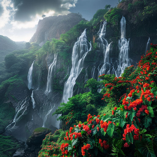Dudh Sagar Waterfalls with lush greenery and exotic flowers