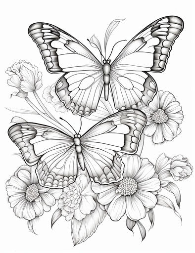 Butterfly and flower coloring pages, in the style of Emila Medková, soft mist, Justin Roiland, Helios 44-2 58mm f/2, Goa-inspired motifs, shiny/glossy