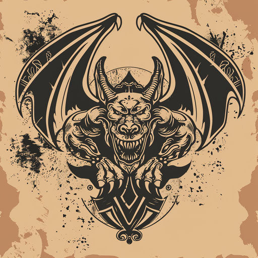 Gargoyle tattoo sketch with earth tones and tribal accents