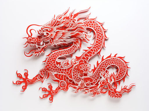 Red dragon on white background with fire, Chinese cut-out style