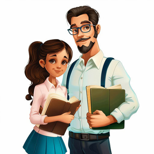 Teacher and student clipart in photorealistic style with a flat random background, vibrant tones and enhanced clarity