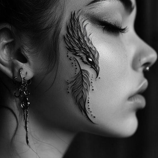 Face tattoos for women with a small phoenix feather, in the style of J.P. Targete