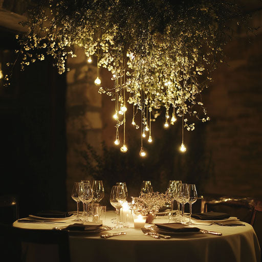 Romantic candlelit dinner under suspended mistletoe