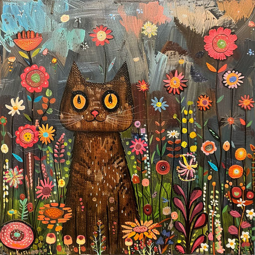 Brown cat in a field of flowers