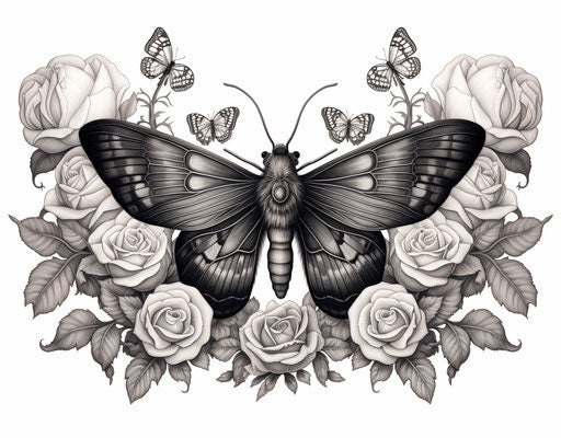 Detailed illustration of a moth with roses, artistic black and white design