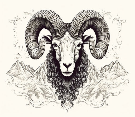 Black and white sketch of a ram tattoo design