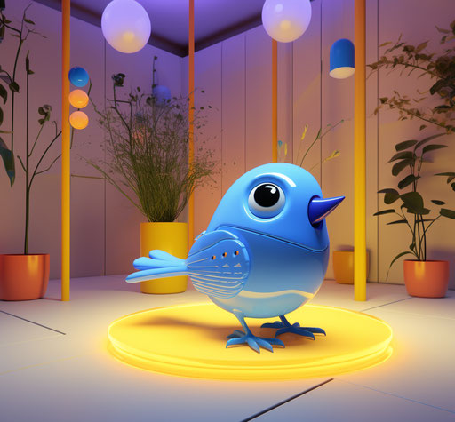 Blue cartoon bird, stylized emotive body language