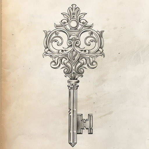 Hand-drawn tattoo sketch of a silver key with organic lines and a rustic feel