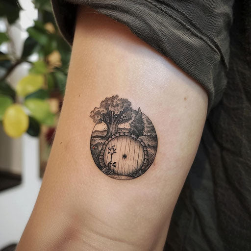 Small tattoos for women in the style of Peter Jackson with a tiny hobbit door