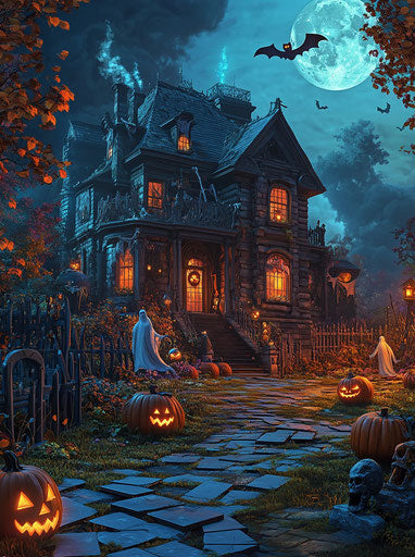 Haunted house with ghostly figures and pumpkins