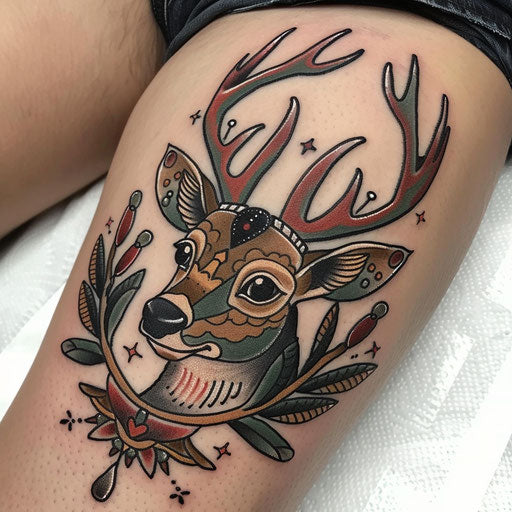 Neo-traditional deer tattoo on white canvas