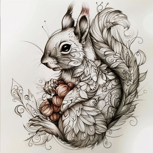 Flat tattoo sketch of a squirrel with a whimsical pattern of nuts and leaves