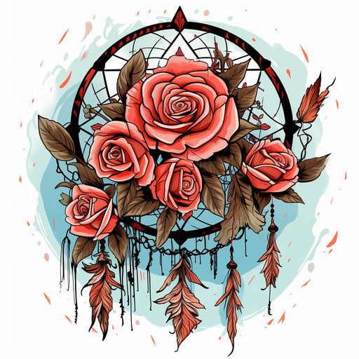 Dream catcher with roses, feathers and wings, heavy outlines