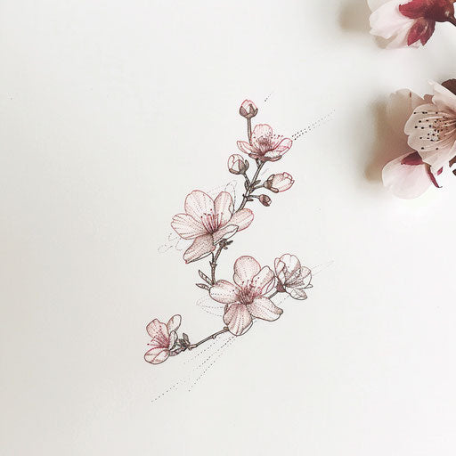 Minimalist flat tattoo sketch for dotwork tattoo, delicate cherry blossom branch in subtle pink hues