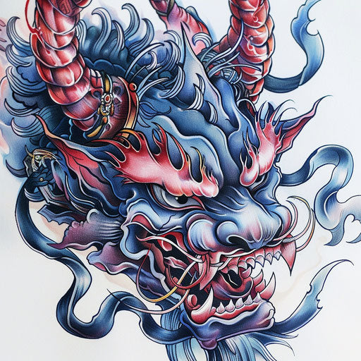 Japanese demon tattoo design rich in color on white canvas