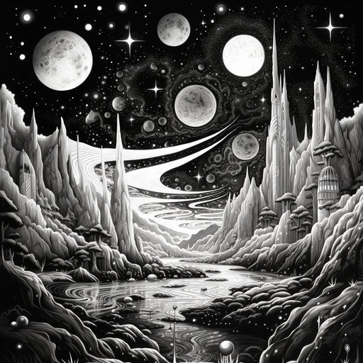 Fantasy landscape in intricate dotwork style at night