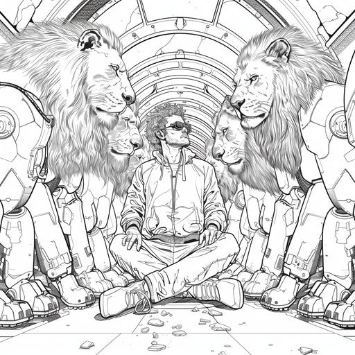 Daniel in a futuristic den with robotic lions, Hideo Kojima style, coloring book page