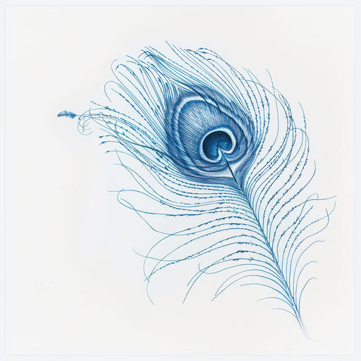 Elegant peacock feather in detailed linework on white background