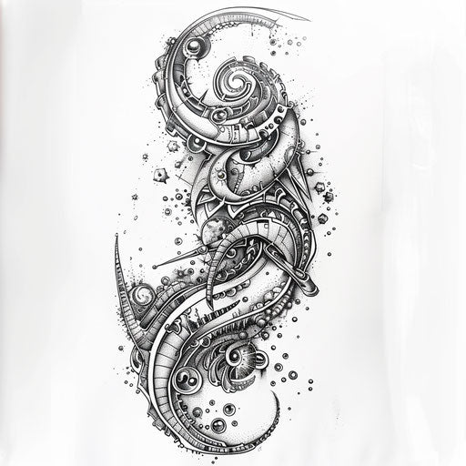 Biomechanical galaxy tattoo design merging organic and mechanical elements with cosmic themes, on a white canvas