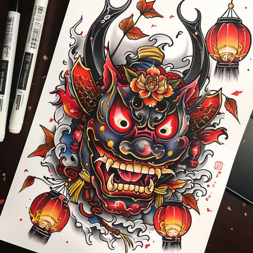 Vibrant festival setting with lively flat tattoo of Hannya mask