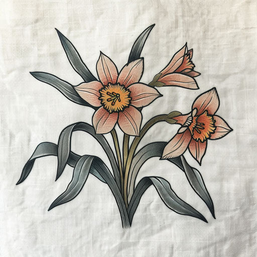 Narcissus flower tattoo in folk art style on linen background