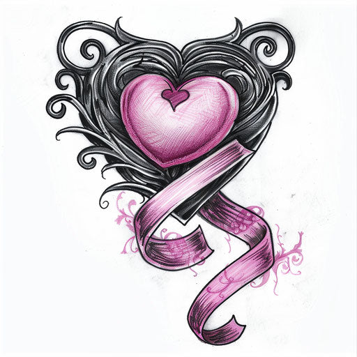 Artistic representation of a heart and pink ribbon combined tattoo design, against a pure white backdrop