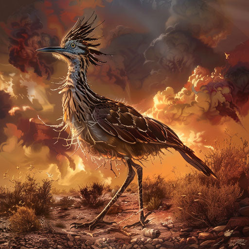 Roadrunner bird in a dramatic desert scene with intense lighting