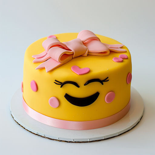 Yellow cake with pink ribbon and wink