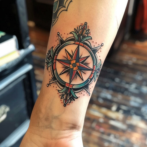 Compass bracelet tattoo in the style of Steve Sack
