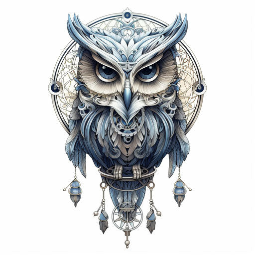 Owl in dream catcher with drawing in monochromatic symmetry