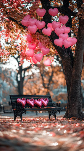 Valentine's Day scene: bench under a tree, heart-shaped pink and red balloons