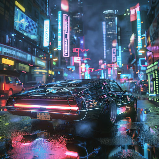 1967 Chevy Bel Air in a cyberpunk futuristic city
