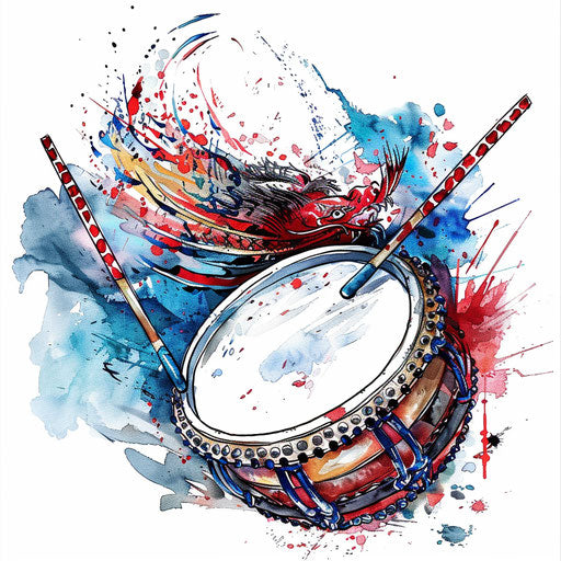 Dynamic Korean drum tattoo design, festive and vividly colored on white background.