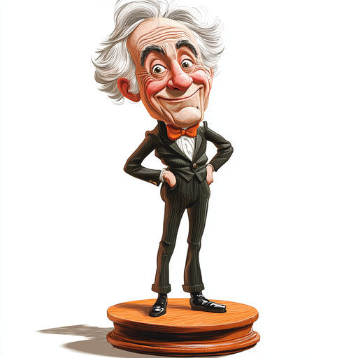 Humorous caricature of a Samuel Morse caricature with human characteristics, exaggerated thin lips, short legs, standing on a pedestal, vibrant colors, cartoon style, winking, high-resolution, no background, isolated